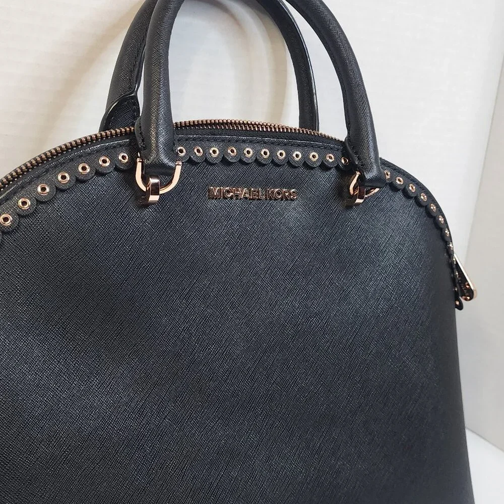 Michael Kors Emmy Dome Black Saffiano Leather Large Satchel w/ Rose Gold Tone - Picture 2 of 11